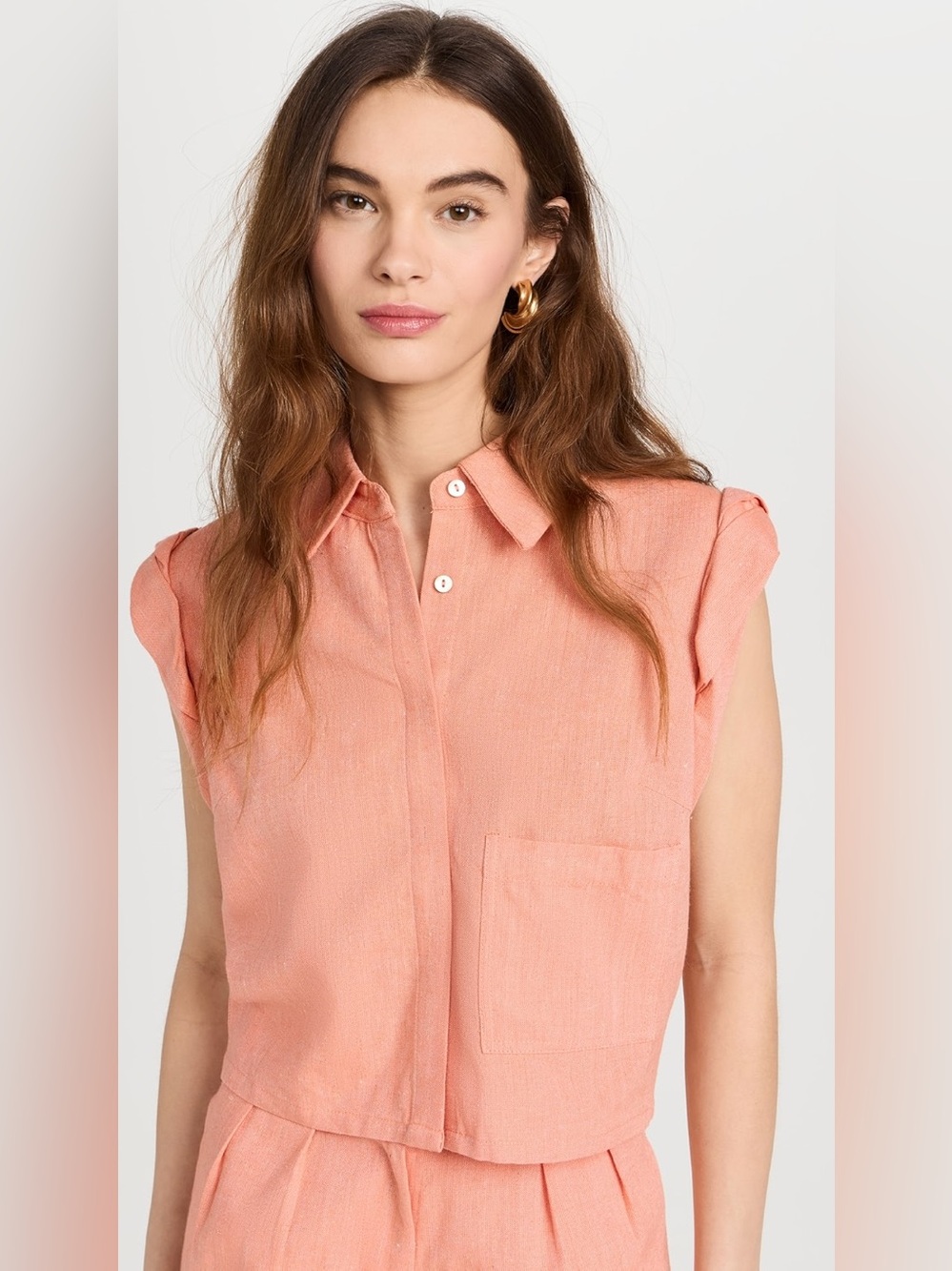 HEVRON Isla Linen Blend Apricot Orange Button Up Rolled Short Sleeve Top EUC S